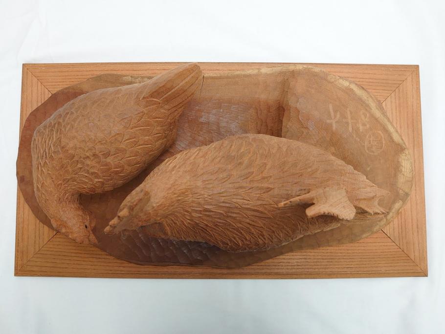 昭和初期　中村七十郎作　角刀　木の温かみを感じる木彫りの置物(チャボ、鳥、二羽、置き物、共箱付き、彫刻家、宮大工)(R-062371)