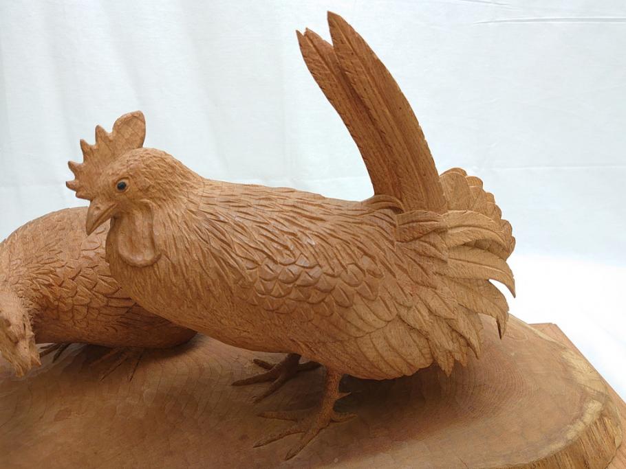昭和初期　中村七十郎作　角刀　木の温かみを感じる木彫りの置物(チャボ、鳥、二羽、置き物、共箱付き、彫刻家、宮大工)(R-062371)