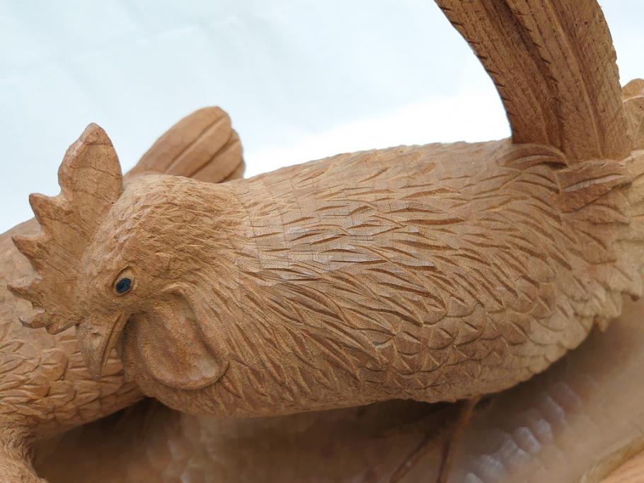 昭和初期　中村七十郎作　角刀　木の温かみを感じる木彫りの置物(チャボ、鳥、二羽、置き物、共箱付き、彫刻家、宮大工)(R-062371)