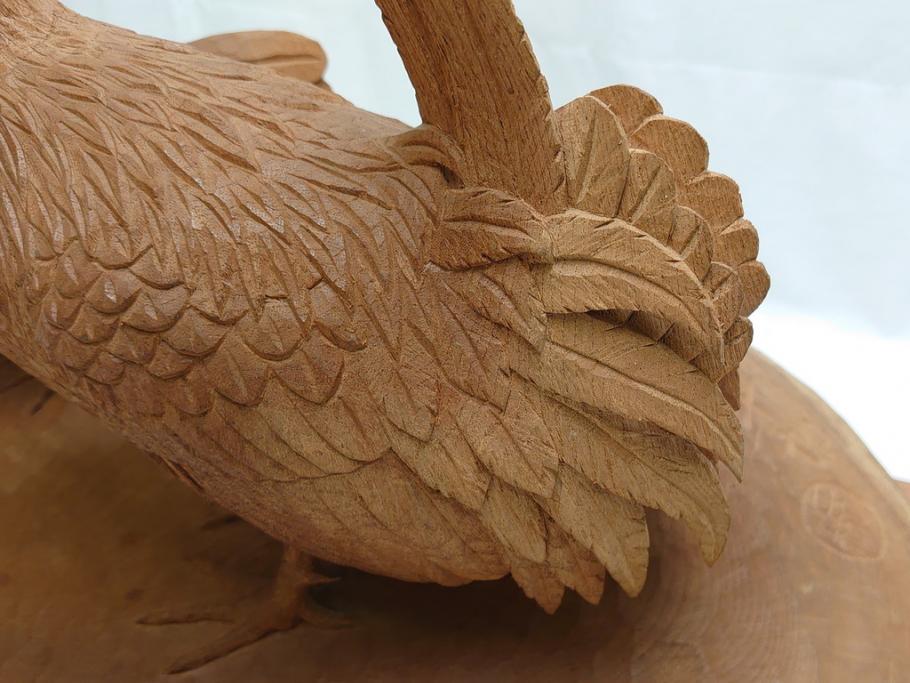 昭和初期　中村七十郎作　角刀　木の温かみを感じる木彫りの置物(チャボ、鳥、二羽、置き物、共箱付き、彫刻家、宮大工)(R-062371)