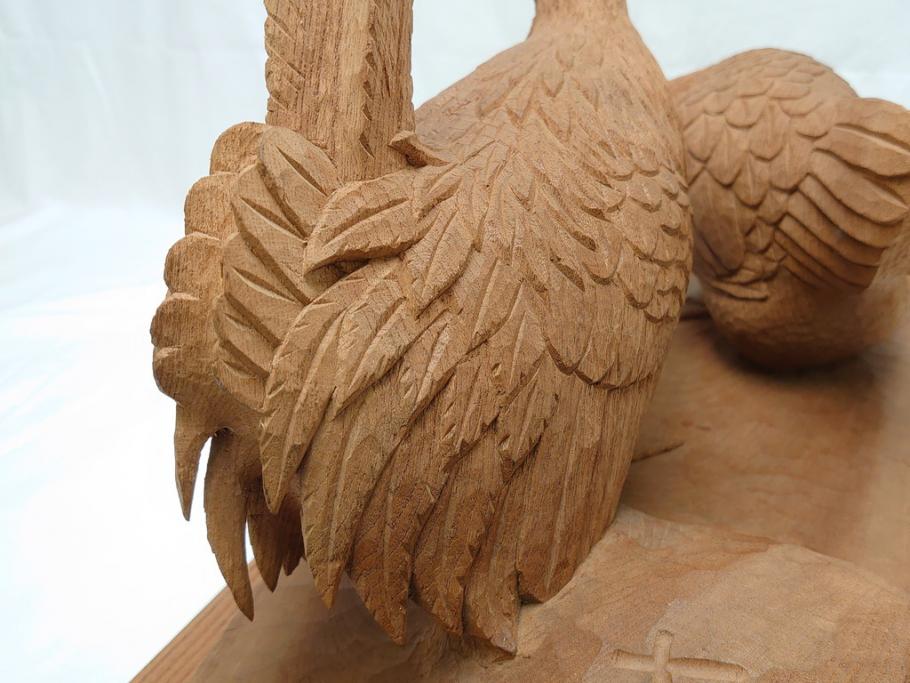 昭和初期　中村七十郎作　角刀　木の温かみを感じる木彫りの置物(チャボ、鳥、二羽、置き物、共箱付き、彫刻家、宮大工)(R-062371)