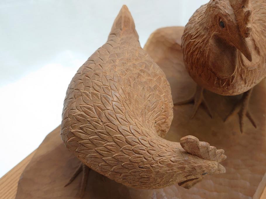 昭和初期　中村七十郎作　角刀　木の温かみを感じる木彫りの置物(チャボ、鳥、二羽、置き物、共箱付き、彫刻家、宮大工)(R-062371)