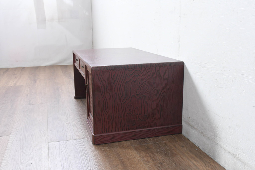 中古　高級品!!　高島屋デパート取り扱い　伝統技法　「杢目出し漆塗り」(根来漆塗り)　内部桐材　職人の技が光る!実用性とデザイン性を兼ね備えた座卓(文机、片袖机、座机、ローテーブル、ワークデスク)(R-084452)