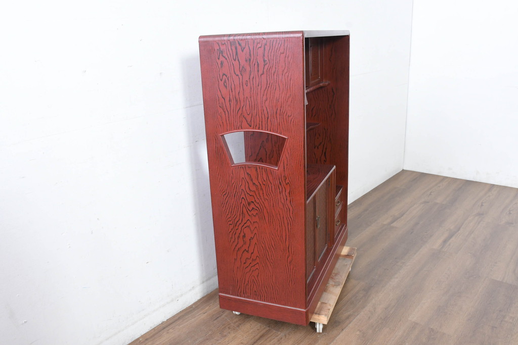 中古　高級品!!　高島屋デパート取り扱い　伝統技法　「杢目出し漆塗り」(根来漆塗り)　内部桐材　上品な色味と艶が目を惹く飾り棚(違い棚、収納棚、茶棚、戸棚)(R-084453)