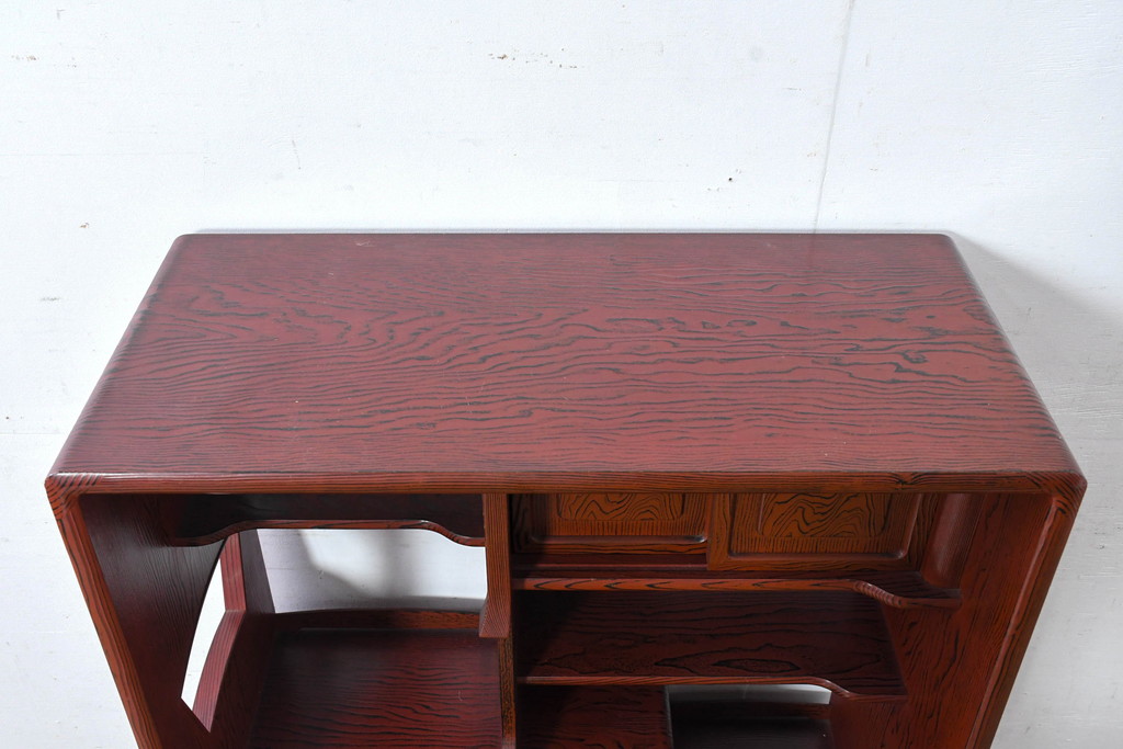 中古　高級品!!　高島屋デパート取り扱い　伝統技法　「杢目出し漆塗り」(根来漆塗り)　内部桐材　上品な色味と艶が目を惹く飾り棚(違い棚、収納棚、茶棚、戸棚)(R-084453)