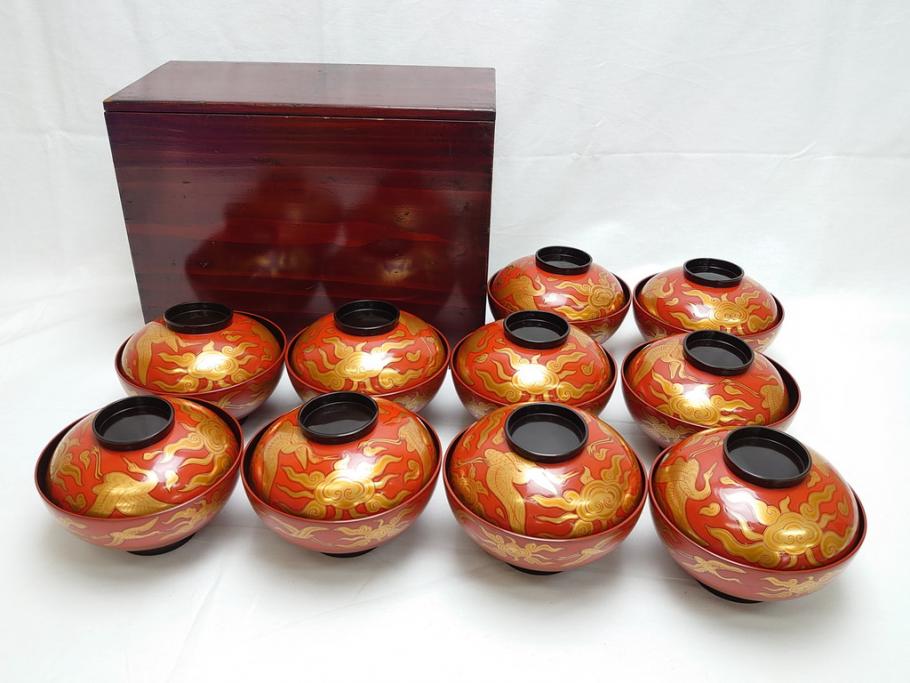 正式的 明治期 鮮やかな 約12cm 4寸 雲鶴吸物椀 漆器 木製 朱塗り 蒔絵 椀