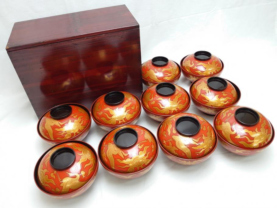 明治期　蒔絵　朱塗り　木製　漆器　雲鶴吸物椀　4寸　約12cm　鮮やかな朱色が食卓を華やかにする蓋付き椀10客セット(和食器、共箱付き、四寸)(R-062380)