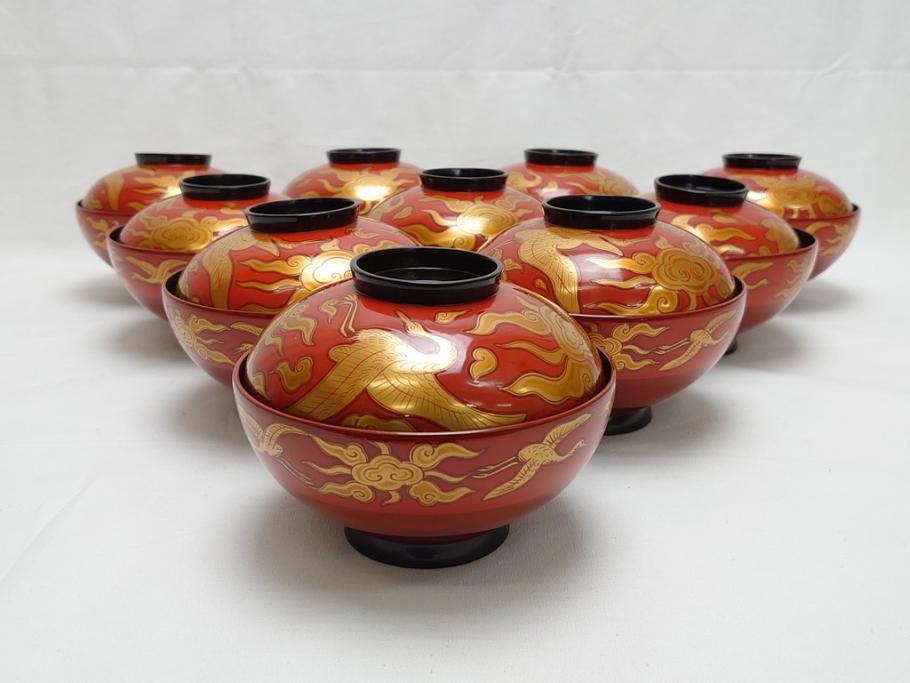 格安SALEスタート！ 木製 朱塗り 蒔絵 明治期 漆器 鮮やかな 約12cm 4寸 雲鶴吸物椀 椀