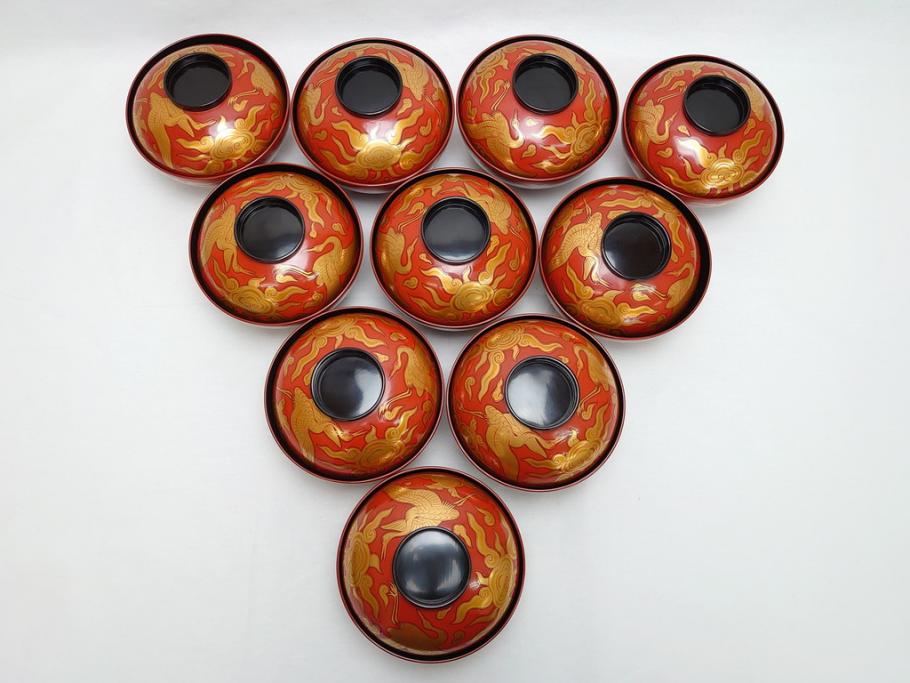 明治期 蒔絵 朱塗り 木製 漆器 雲鶴吸物椀 4寸 約12cm 鮮やかな
