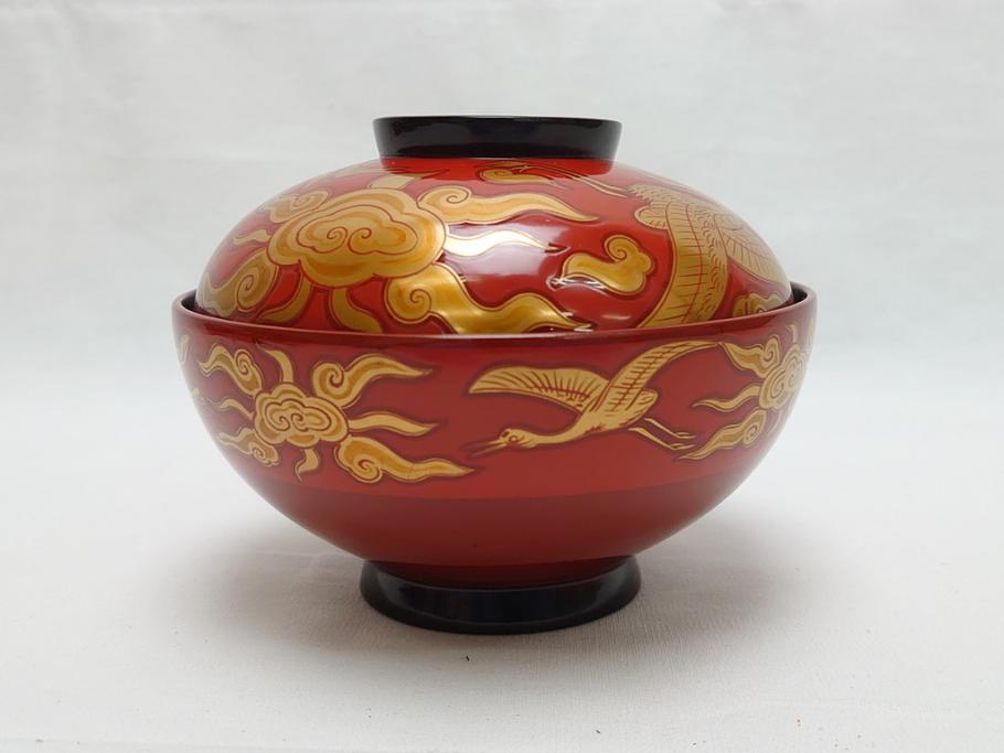 明治期 蒔絵 朱塗り 木製 漆器 雲鶴吸物椀 4寸 約12cm 鮮やかな