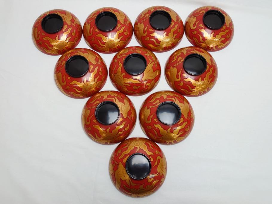 明治期 蒔絵 朱塗り 木製 漆器 雲鶴吸物椀 4寸 約12cm 鮮やかな