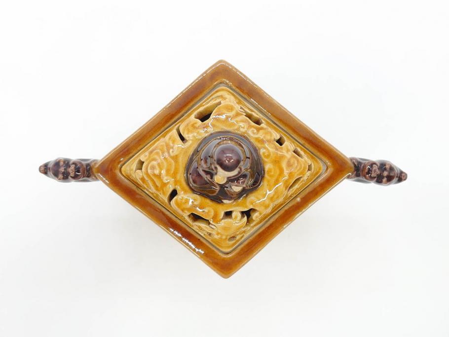九谷焼　徳田八十吉　瑞稲釉(瑞穂?)　菱形　四天王図　龍双耳　観音摘　意匠を凝らしたつくりが見事な香炉(共箱付き)(R-070782)