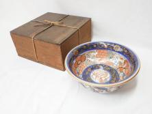 アンティーク雑貨　江戸期　古伊万里　蛸唐草窓絵深皿(色絵深鉢、和食器)(R-041333)