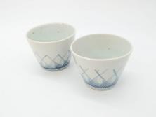 明治期　伊万里焼　色絵染付　蓋茶碗3客(和食器)(R-052757)