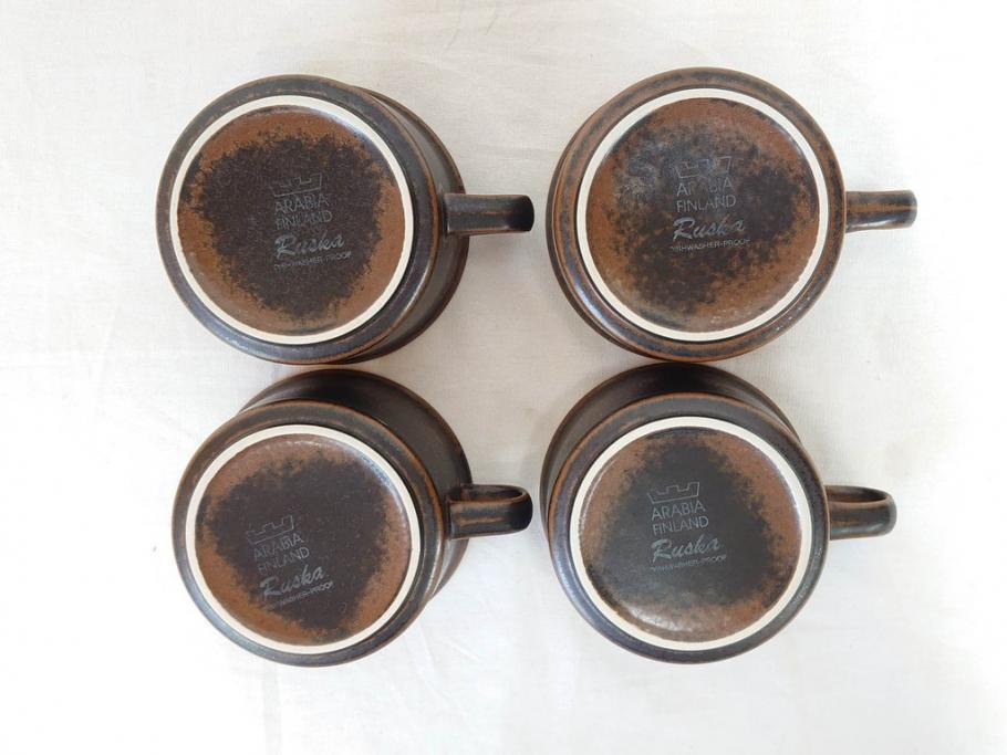 ARABIA FINLAND　Ruska(ルスカ)　Ulla Procope(ウラ・プロコッペ)　それぞれ違った深みのあるブラウンが魅力的なコーヒーカップ&ソーサー4客セット(アラビア、フィンランド、Sモデル、北欧食器、C&S)(R-070853)