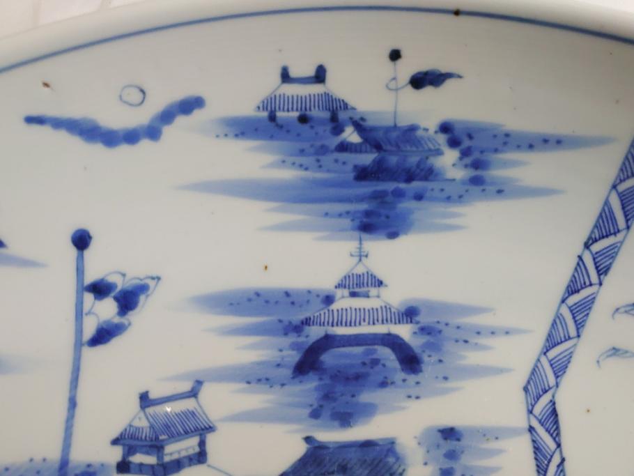江戸期　古伊万里　染付　城　波に鶴文　亀文　1尺3寸皿　約38.5cm　珍しい図柄の大皿(一尺三寸、和食器、和皿)(R-062387)
