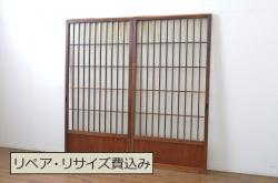 和製アンティーク　杉材　亀甲金網付き　明治大正期につくられた品のある格子蔵戸(引き戸、玄関戸、建具)(R-050868)
