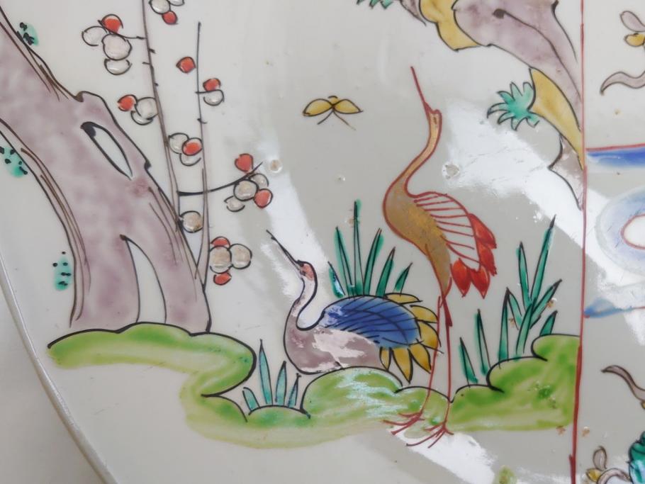 幕末期　伊万里焼　色絵　梅　双鶴　花文　1尺4寸皿　約41cm　色彩豊かで食卓が華やぐ大皿(一尺四寸、和食器、和皿)(R-062388)