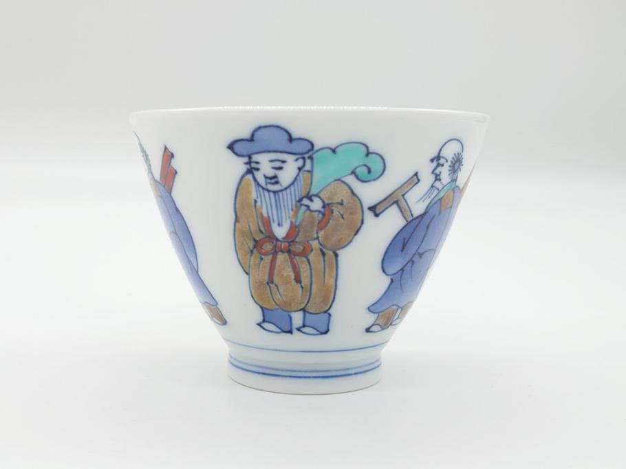 十二代目　酒井田柿右衛門　染錦　唐人物画　2.8寸　約8.5cm　湯呑み5客セット(汲出、共箱付き、蕎麦猪口、和食器、二寸八分)(R-062430)