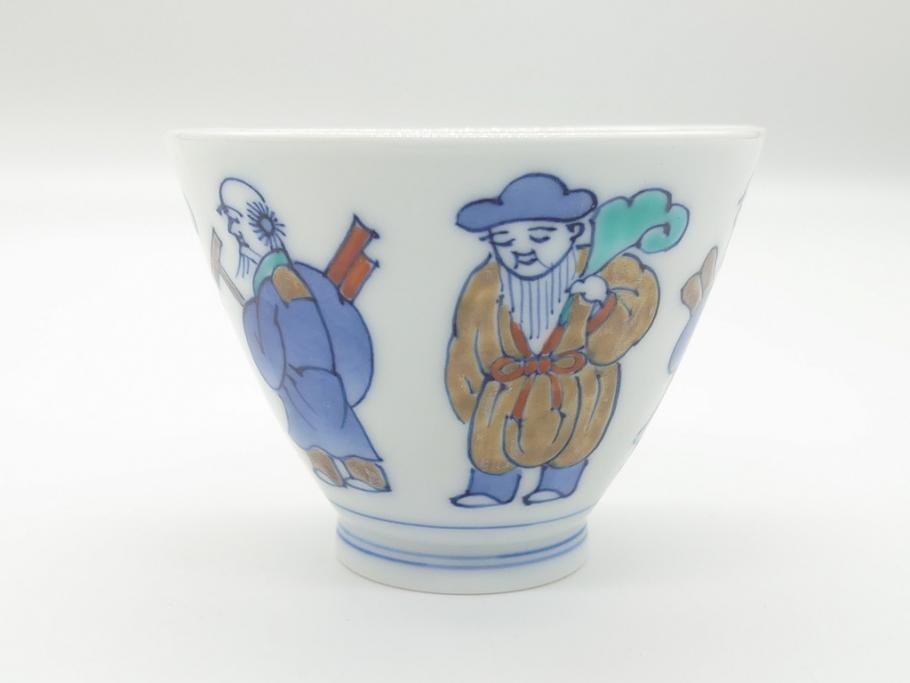 十二代目　酒井田柿右衛門　染錦　唐人物画　2.8寸　約8.5cm　湯呑み5客セット(汲出、共箱付き、蕎麦猪口、和食器、二寸八分)(R-062430)