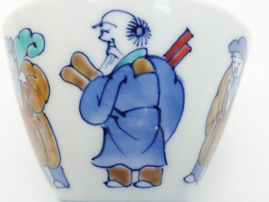十二代目　酒井田柿右衛門　染錦　唐人物画　2.8寸　約8.5cm　湯呑み5客セット(汲出、共箱付き、蕎麦猪口、和食器、二寸八分)(R-062430)
