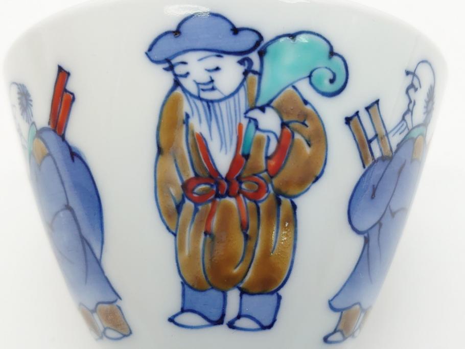 十二代目　酒井田柿右衛門　染錦　唐人物画　2.8寸　約8.5cm　湯呑み5客セット(汲出、共箱付き、蕎麦猪口、和食器、二寸八分)(R-062430)