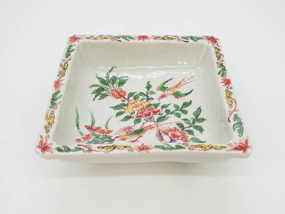 川瀬竹志　古余呂技　赤絵　花鳥　約18cm　5.9寸　大胆に描かれた色絵が印象的で華やかな雰囲気の四方鉢5客セット(和食器、皿、深皿、共箱付き、五寸九分)(R-070869)