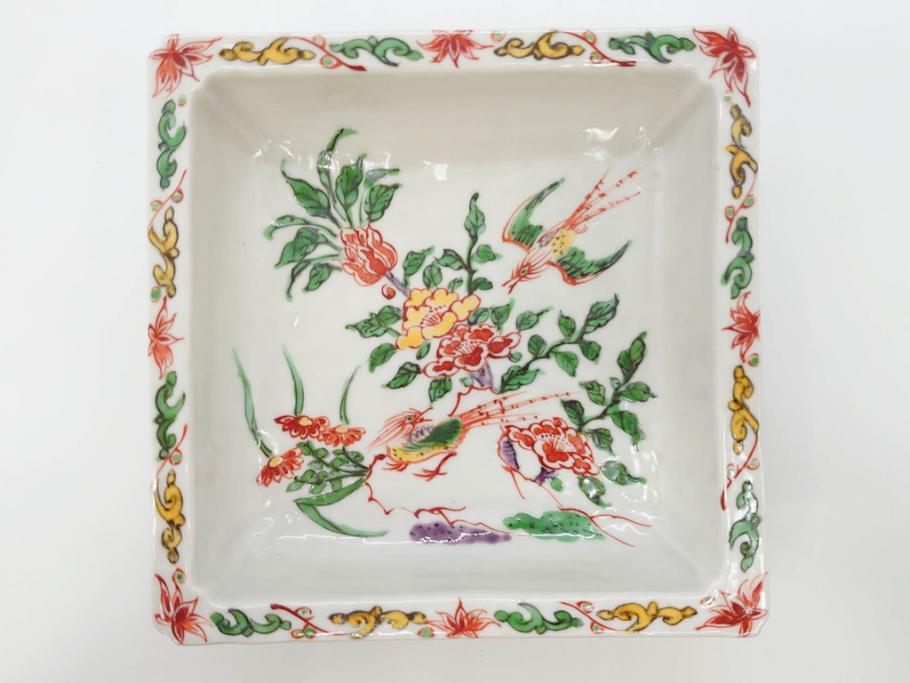 川瀬竹志　古余呂技　赤絵　花鳥　約18cm　5.9寸　大胆に描かれた色絵が印象的で華やかな雰囲気の四方鉢5客セット(和食器、皿、深皿、共箱付き、五寸九分)(R-070869)