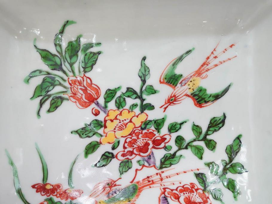 川瀬竹志　古余呂技　赤絵　花鳥　約18cm　5.9寸　大胆に描かれた色絵が印象的で華やかな雰囲気の四方鉢5客セット(和食器、皿、深皿、共箱付き、五寸九分)(R-070869)