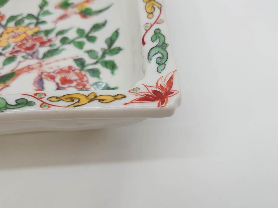 川瀬竹志　古余呂技　赤絵　花鳥　約18cm　5.9寸　大胆に描かれた色絵が印象的で華やかな雰囲気の四方鉢5客セット(和食器、皿、深皿、共箱付き、五寸九分)(R-070869)
