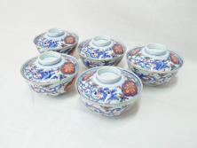 幕末〜明治期　伊万里　金彩　約13cm　4.3寸　華やかな色絵が食卓に彩を与える蓋付き茶碗3客セット(獅子、松竹、和食器、四寸三分)(R-070488)