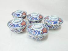 明治期　伊万里焼　色絵染付　蓋茶碗3客(和食器)(R-052757)