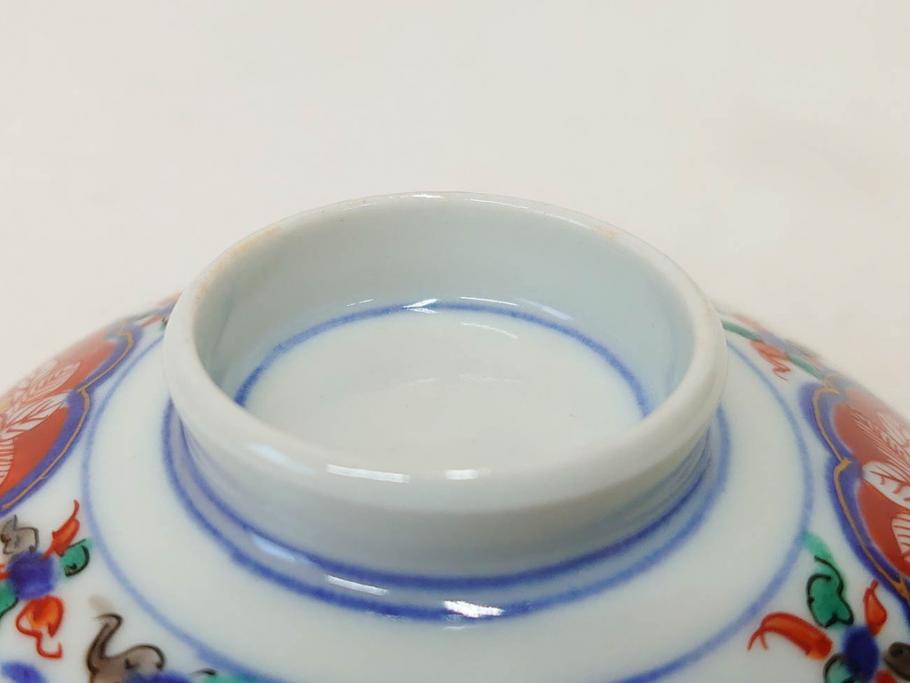 明治期　九谷焼　色絵　龍文　約11cm　3.6寸　食卓を鮮やかに演出する蓋付き茶碗5客セット(三寸六分、和食器)(R-070873)