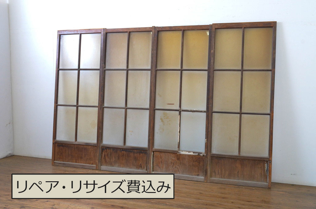 アンティーク建具　どこか懐かしい雰囲気漂う幅狭ガラス戸4枚セット(引き戸)(R-063716)