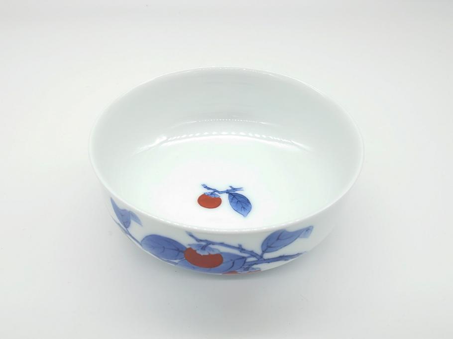 人間国宝　十四代　酒井田柿右衛門　染錦　柿文　5寸皿　約15cm　鉢(中皿、五寸、和食器、和皿、共箱付き)(R-062452)