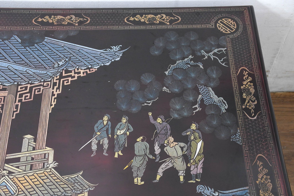 中古　美品!!　ベトナム民芸家具　工芸品　見ごたえのある精彩な細工が目を引くガラス天板の座卓(ローテーブル、センターテーブル、リビングテーブル)(R-084437)
