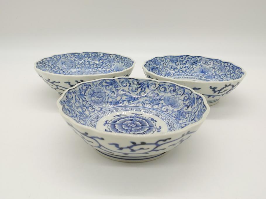 幕末期 伊万里焼 染付 線描き 花唐草文 5寸 約15.5cm 手描きの