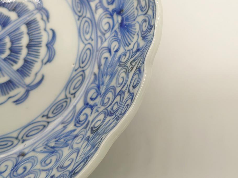 幕末期　伊万里焼　染付　線描き　花唐草文　5寸　約15cm　手描きの温かみが感じられる深皿2枚セット(中皿、変形皿、和食器、和皿、五寸)(R-062085)