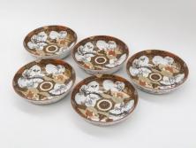 明治期　九谷焼　色絵　花鳥図　約16cm　5.1寸　細かな彩色が美しい中皿5枚セット(裏印、金彩、器、うつわ、和食器、和皿、五寸一分)(R-077770)