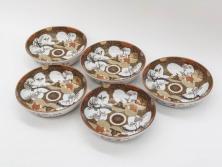 明治期　九谷焼　色絵　花鳥図　約16cm　5.1寸　細かな彩色が美しい中皿5枚セット(裏印、金彩、器、うつわ、和食器、和皿、五寸一分)(R-077771)