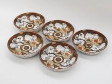 明治期　九谷焼　色絵　花鳥図　約16cm　5.1寸　細かな彩色が美しい中皿5枚セット(裏印、金彩、器、うつわ、和食器、和皿、五寸一分)(R-077772)