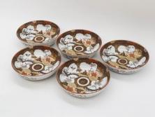 明治期　九谷焼　色絵　花鳥図　約16cm　5.1寸　細かな彩色が美しい中皿5枚セット(裏印、金彩、器、うつわ、和食器、和皿、五寸一分)(R-077773)