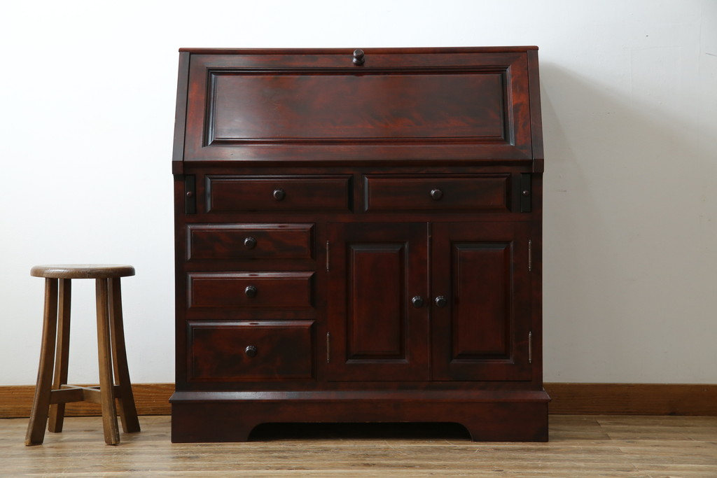 中古　美品　九州民芸家具　深みのある色合いが美しいライティングビューロー(ワークデスク、簿記机、チェスト、在宅用、在宅ワーク用)(R-073647)