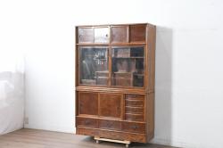 中古　美品　総漆塗り　三方欅(ケヤキ)材　無垢　国産工芸家具　美しい木目と上質なつくりが目を引く飾り棚(定価推定150万円)(茶棚、違い棚、戸棚)(R-058791)