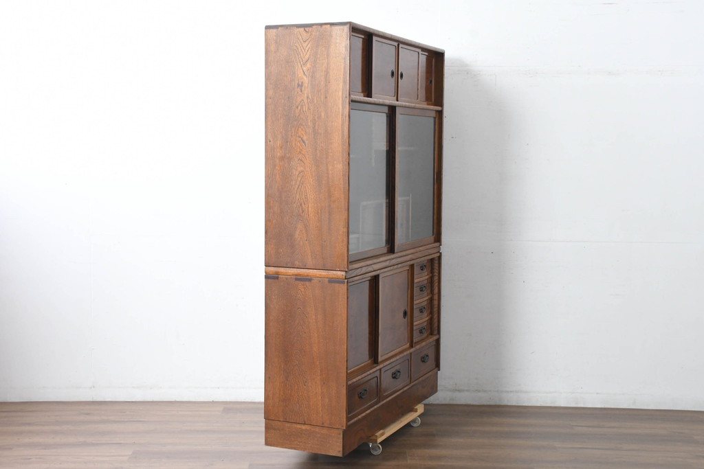 中古　美品　国産　職人手作り品　欅(ケヤキ)材　杢目の素敵な茶箪笥(収納棚、戸棚、茶棚、飾り棚、上下バラ売り可能)(定価約24万円)(R-084312)