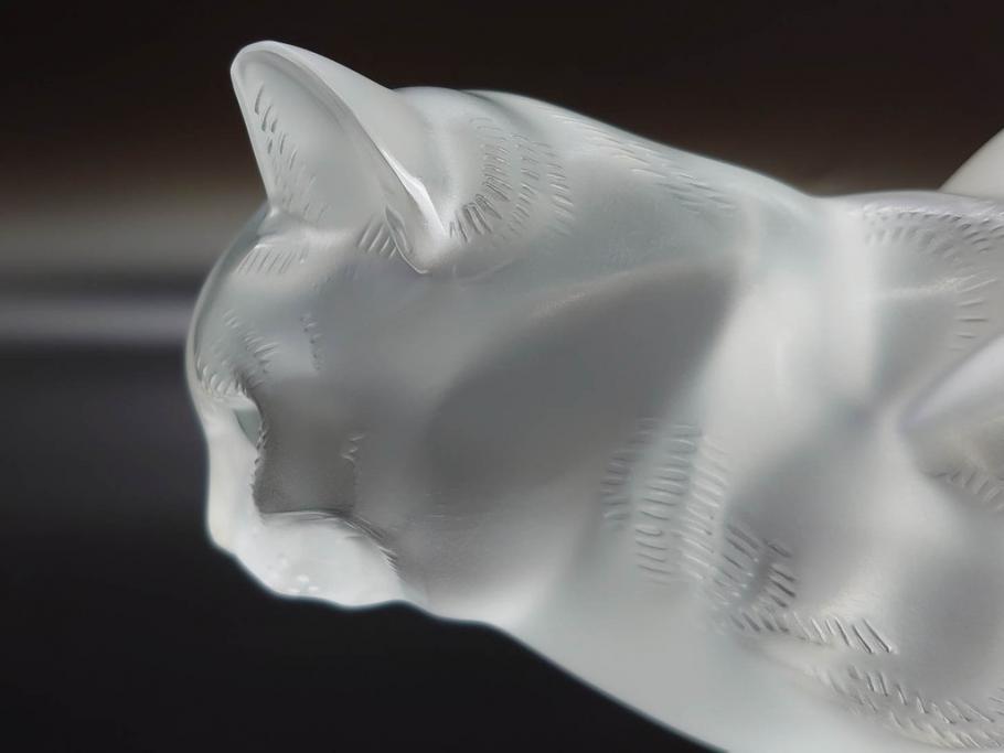 1932年　フランス　LALIQUE(ラリック)　猫　可愛らしいフォルムの猫のオブジェ(ルネ・ラリック、伏せる猫、キャット、ディスプレイ、置物、クリスタルガラス、箱付き)(R-077774)