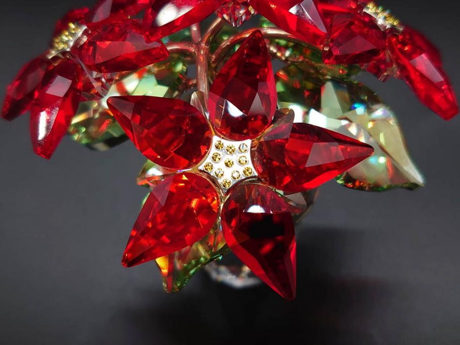 オーストリア　SWAROVSKI(スワロフスキー)　ポインセチア　高さ8cm/4.5cm　キラキラと輝く華やかなクリスタルオブジェ2点セット(クリスマスデコレーション、クリスタルガラス、置物、ディスプレイ、箱付き)(R-077775)