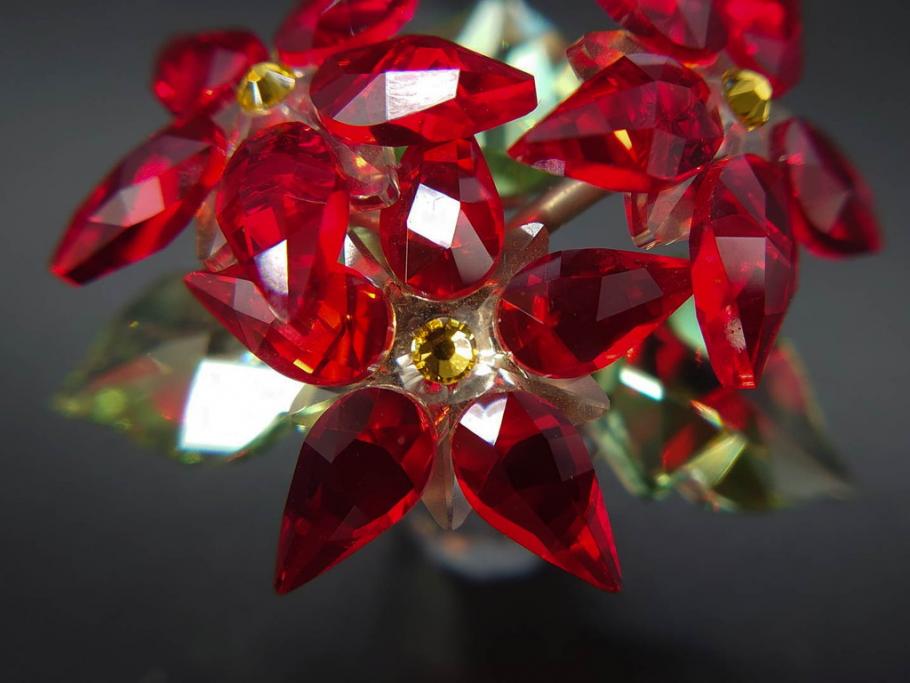オーストリア　SWAROVSKI(スワロフスキー)　ポインセチア　高さ8cm/4.5cm　キラキラと輝く華やかなクリスタルオブジェ2点セット(クリスマスデコレーション、クリスタルガラス、置物、ディスプレイ、箱付き)(R-077775)