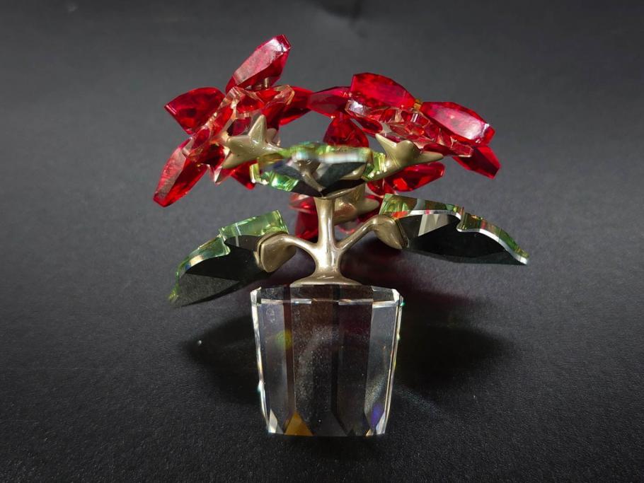 オーストリア　SWAROVSKI(スワロフスキー)　ポインセチア　高さ8cm/4.5cm　キラキラと輝く華やかなクリスタルオブジェ2点セット(クリスマスデコレーション、クリスタルガラス、置物、ディスプレイ、箱付き)(R-077775)