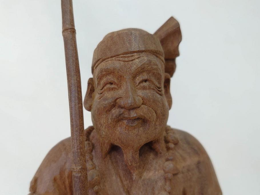 柳汀作　木彫り　高さ41.5cm　職人の技が光る恵比須像(恵比寿様、木製、在銘、作家物、置物、ディスプレイ、おきもの、共箱付き)(R-077914)
